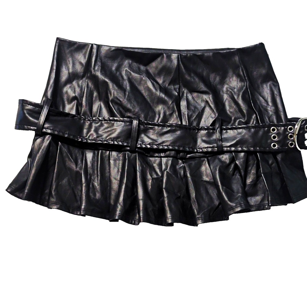 SHEIN Womens Black Faux Leather Pleated Belted Mini Skirt Lined Zip Size M
